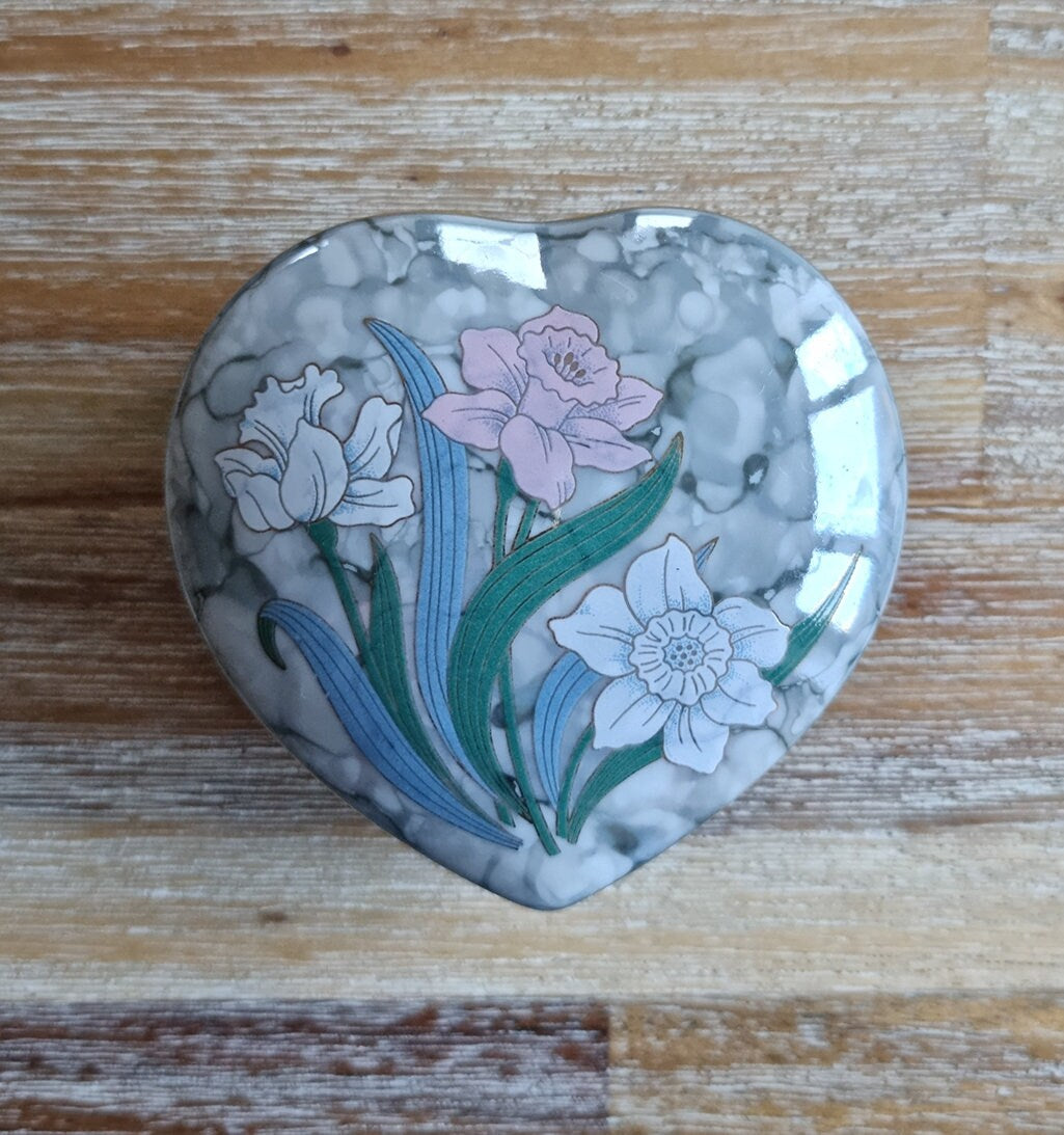 Vintage Japanese Heart Shaped Porcelain Trinket/Jewelry Box In Floral Design