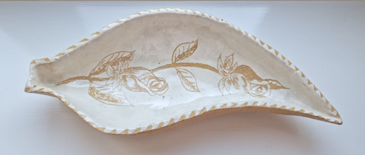 Mid Century Studio Pottery Leaf Shaped Dish/Bowl With Roses