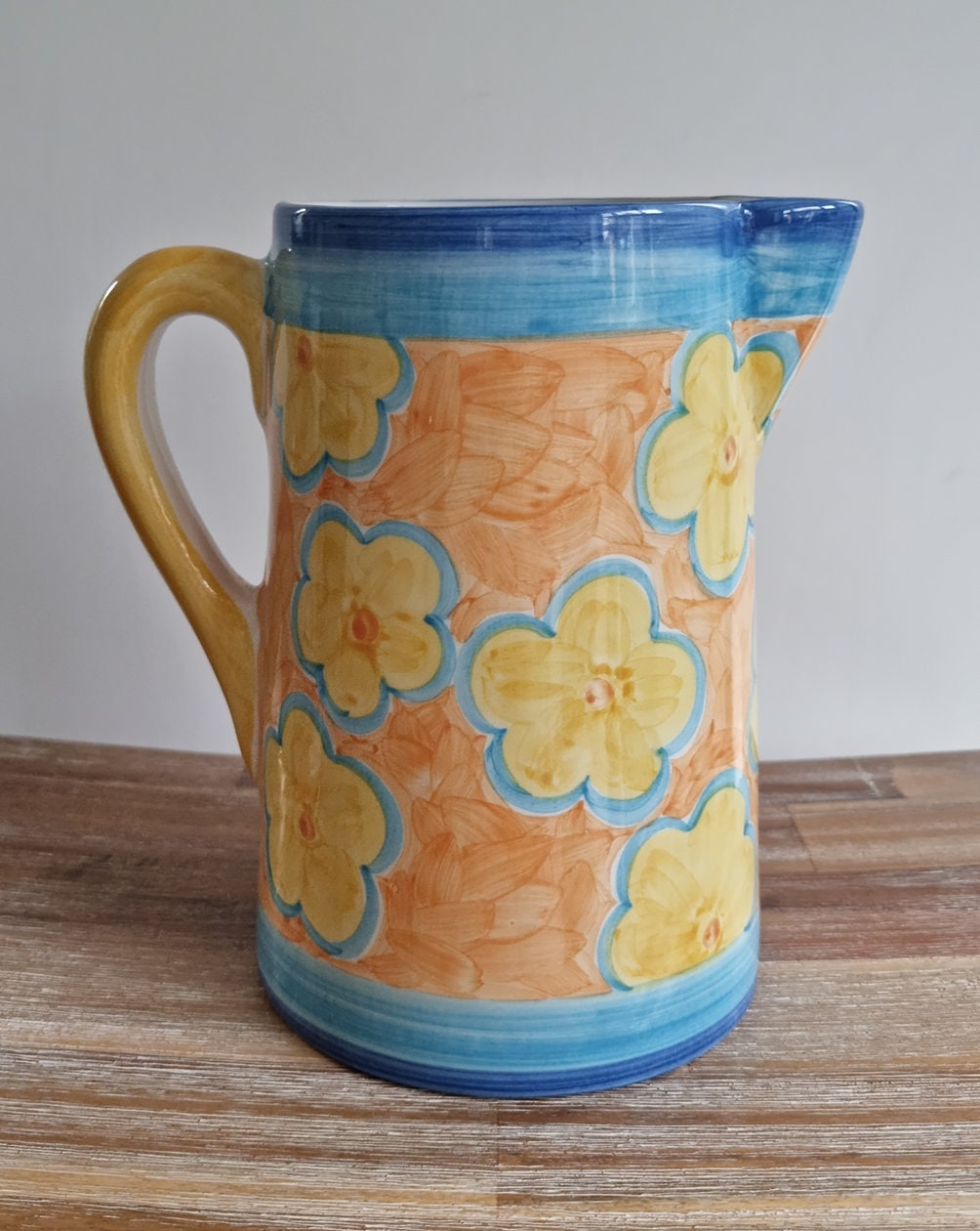 Retro Large Hand Painted Ceramic Pitcher In Floral Design