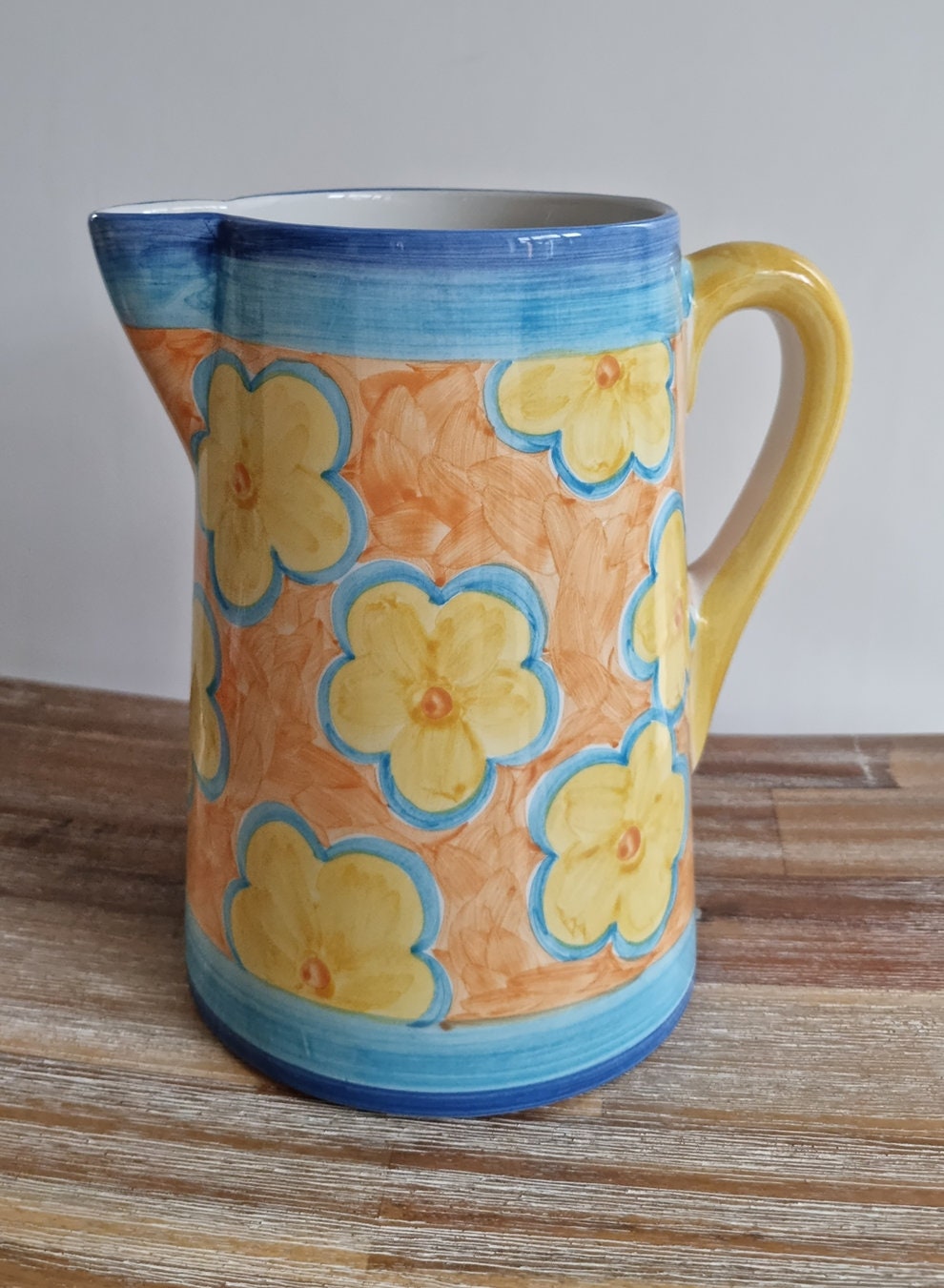 Retro Large Hand Painted Ceramic Pitcher In Floral Design