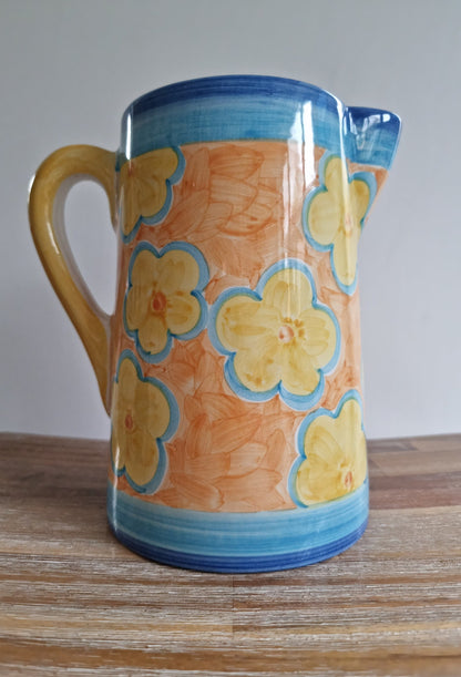 Retro Large Hand Painted Ceramic Pitcher In Floral Design