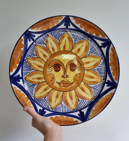 Large Vintage Hand Painted Talavera Ceramic Sun Wall Hanging Plate