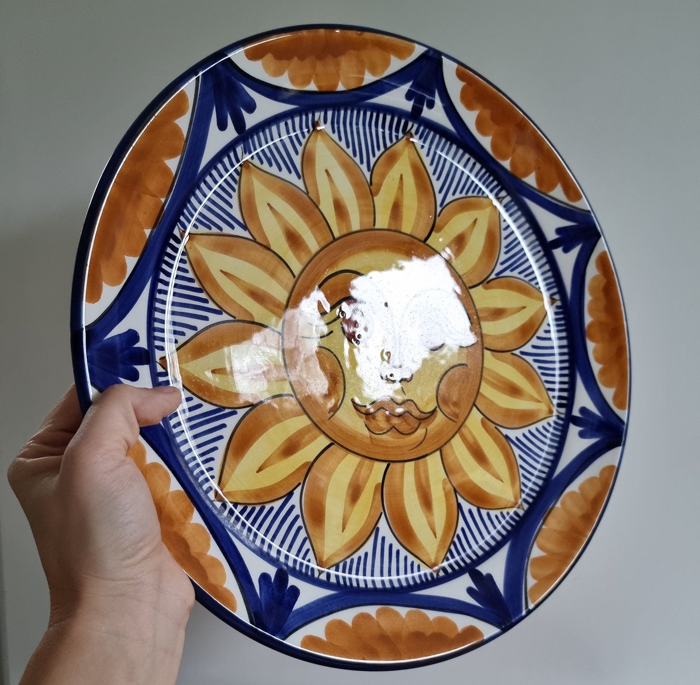 Large Vintage Hand Painted Talavera Ceramic Sun Wall Hanging Plate