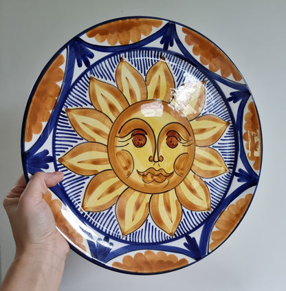 Large Vintage Hand Painted Talavera Ceramic Sun Wall Hanging Plate