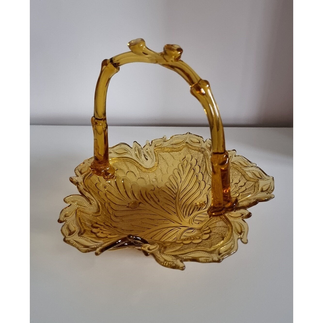 Vintage Amber Pressed Glass Basket