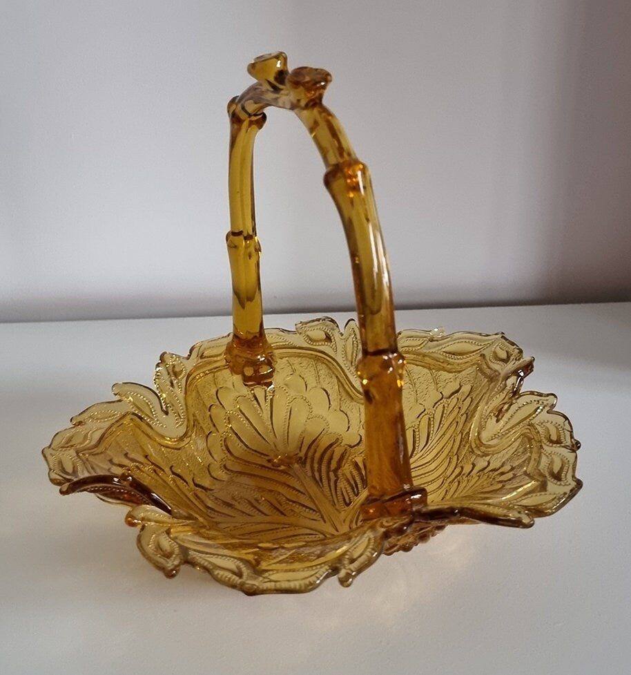 Vintage Amber Pressed Glass Basket