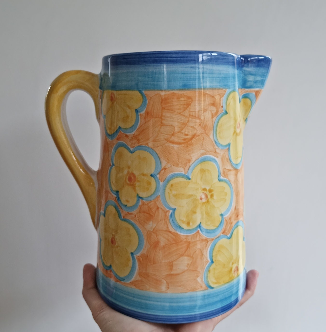 Retro Large Hand Painted Ceramic Pitcher In Floral Design