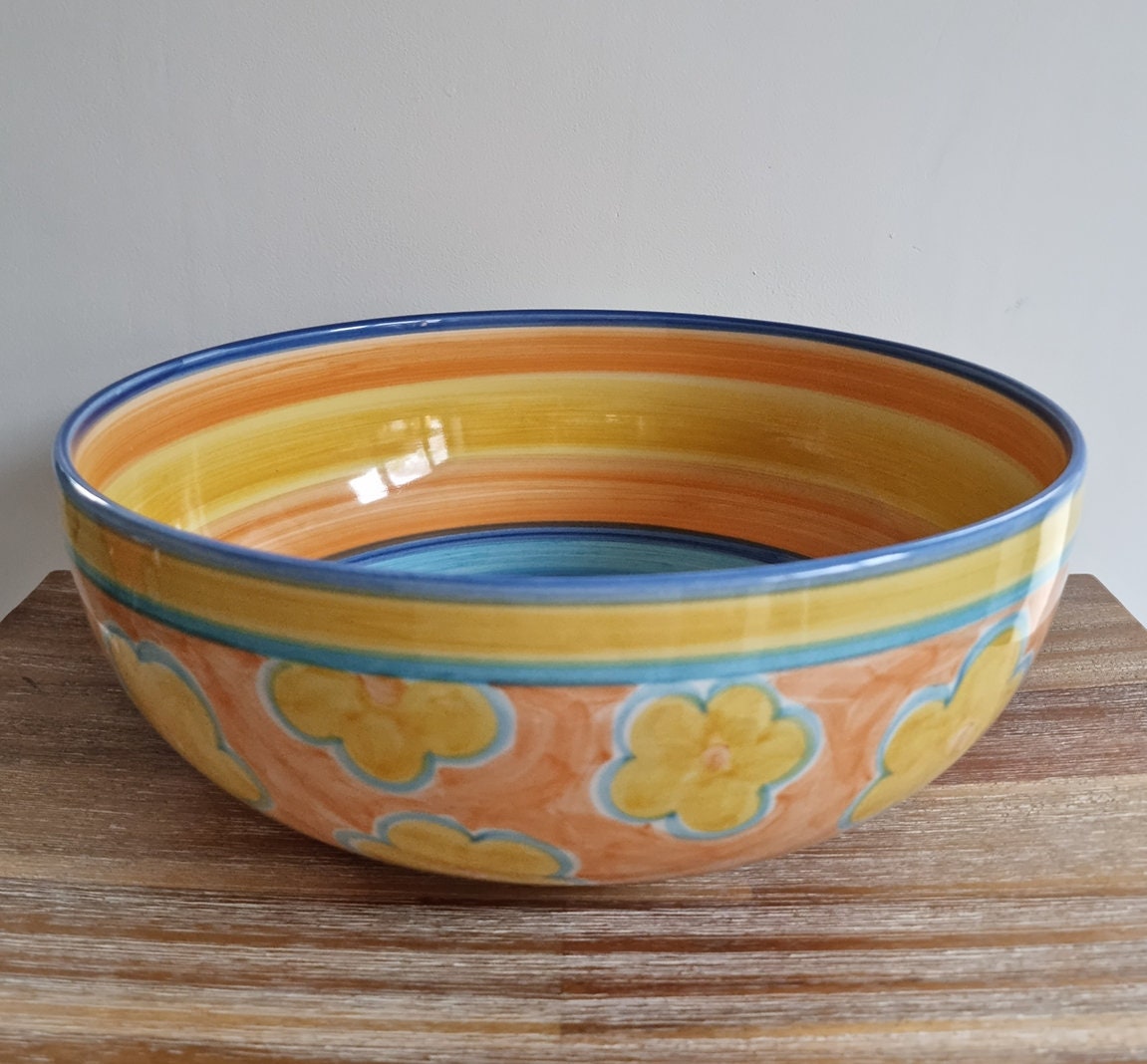 Retro Large Hand Painted Ceramic Bowl In Floral Design