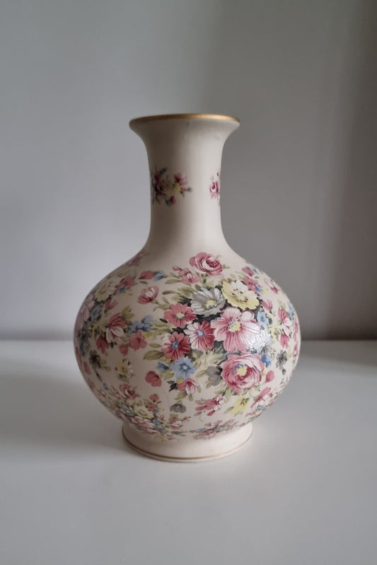 Vintage Porcelanas Ibis Aveiro Portuguese Hand Painted Porcelain Vase In Floral Design