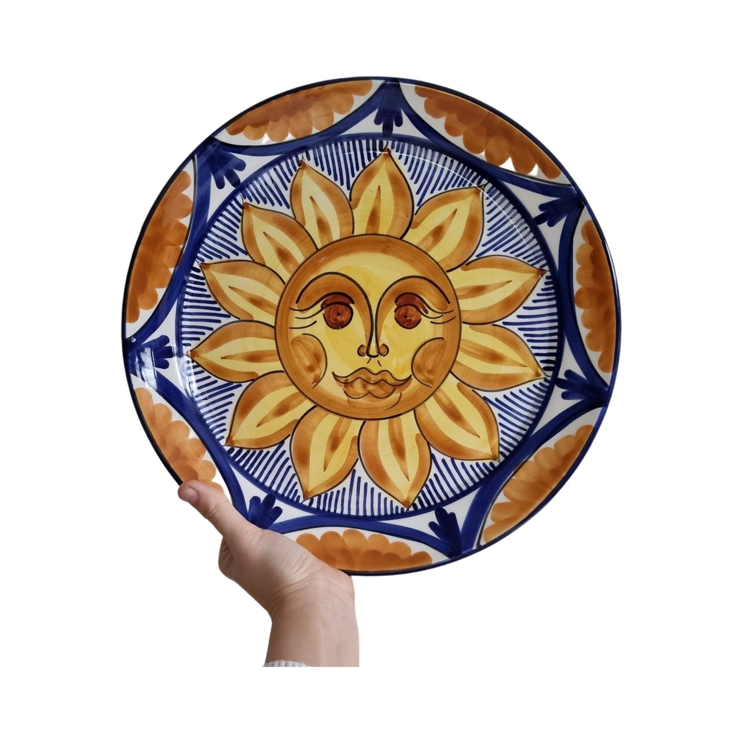 Large Vintage Hand Painted Talavera Ceramic Sun Wall Hanging Plate