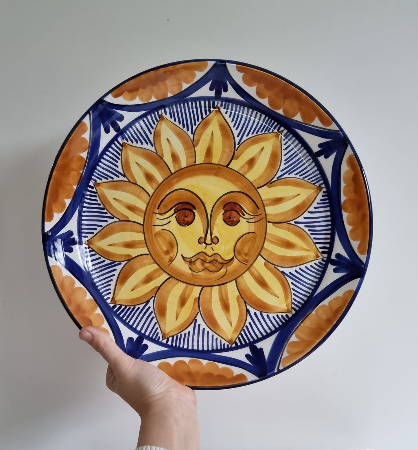 Large Vintage Hand Painted Talavera Ceramic Sun Wall Hanging Plate