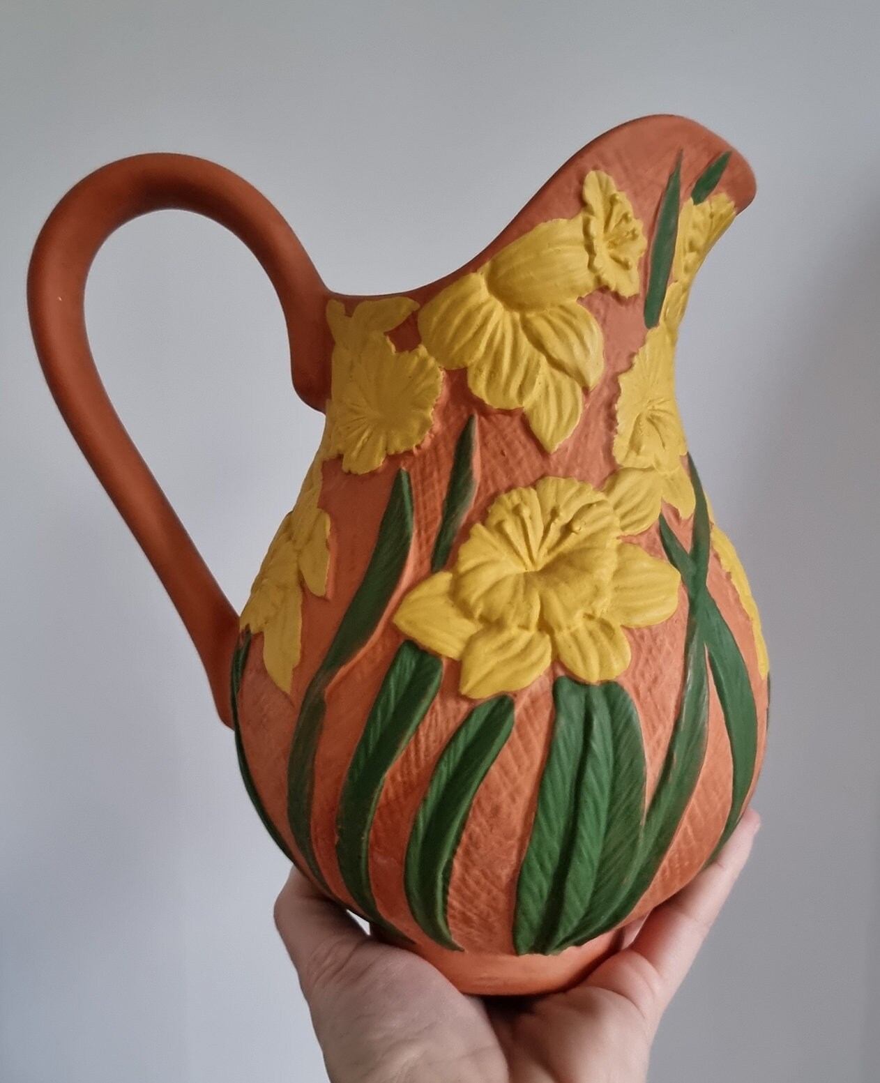 Vintage Daffodil Design Terracotta Jug