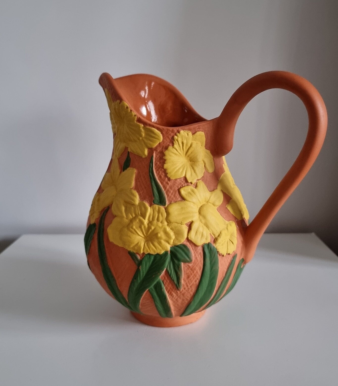 Vintage Daffodil Design Terracotta Jug