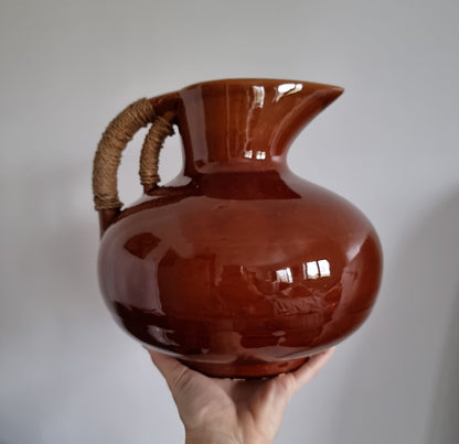 Large Vintage Wicker Wrapped Handle Ceramic Jug