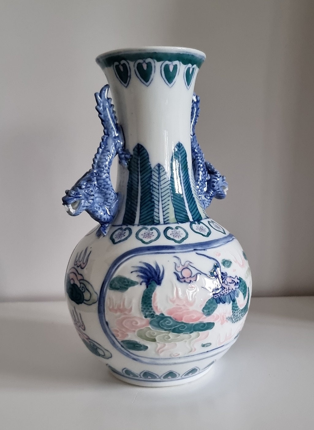 Vintage Chinese Porcelain Vase With Dragon Handles