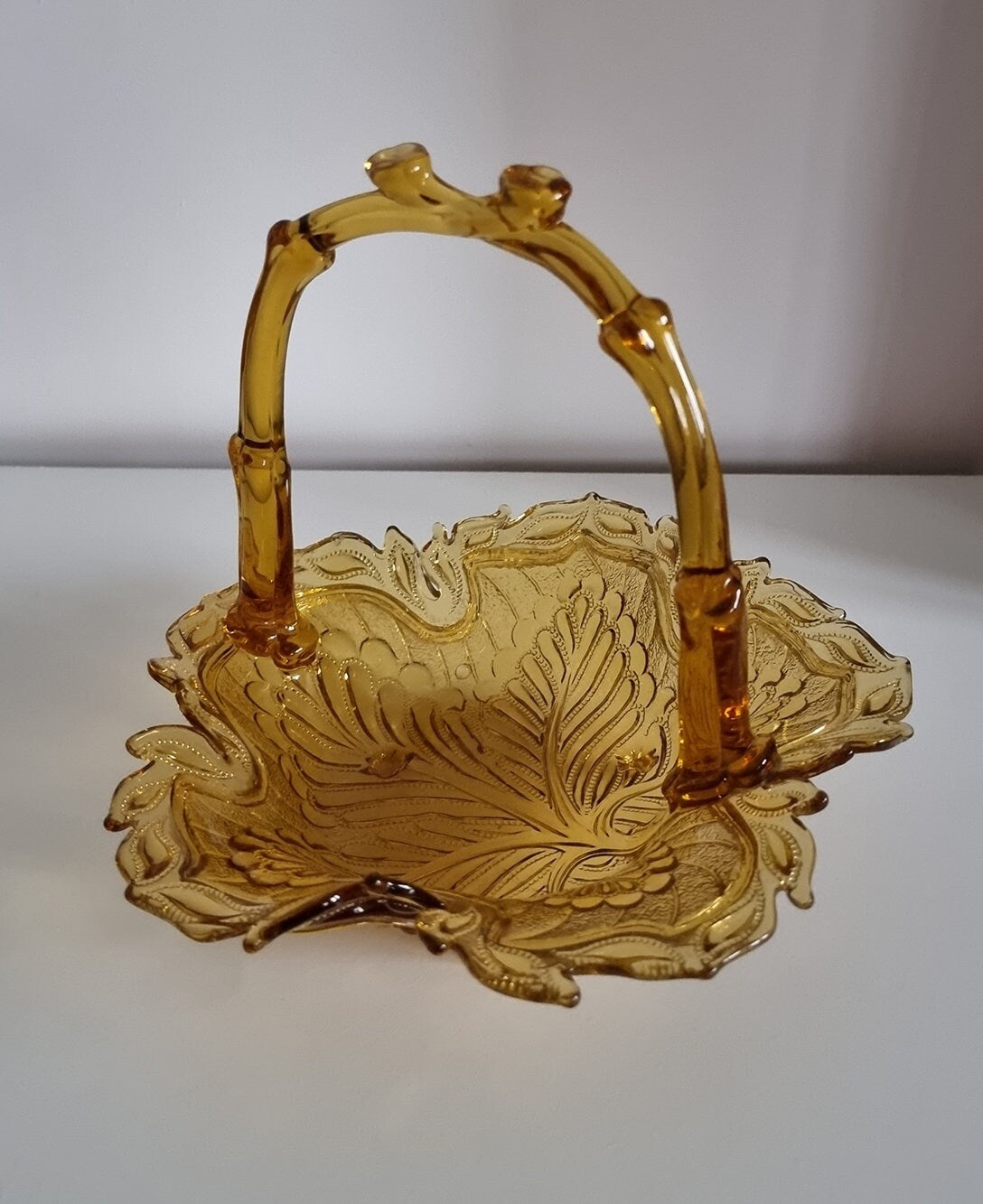 Vintage Amber Pressed Glass Basket