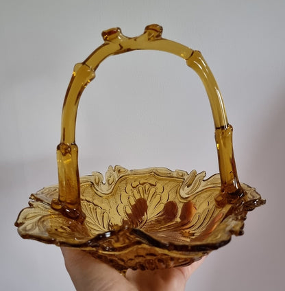 Vintage Amber Pressed Glass Basket