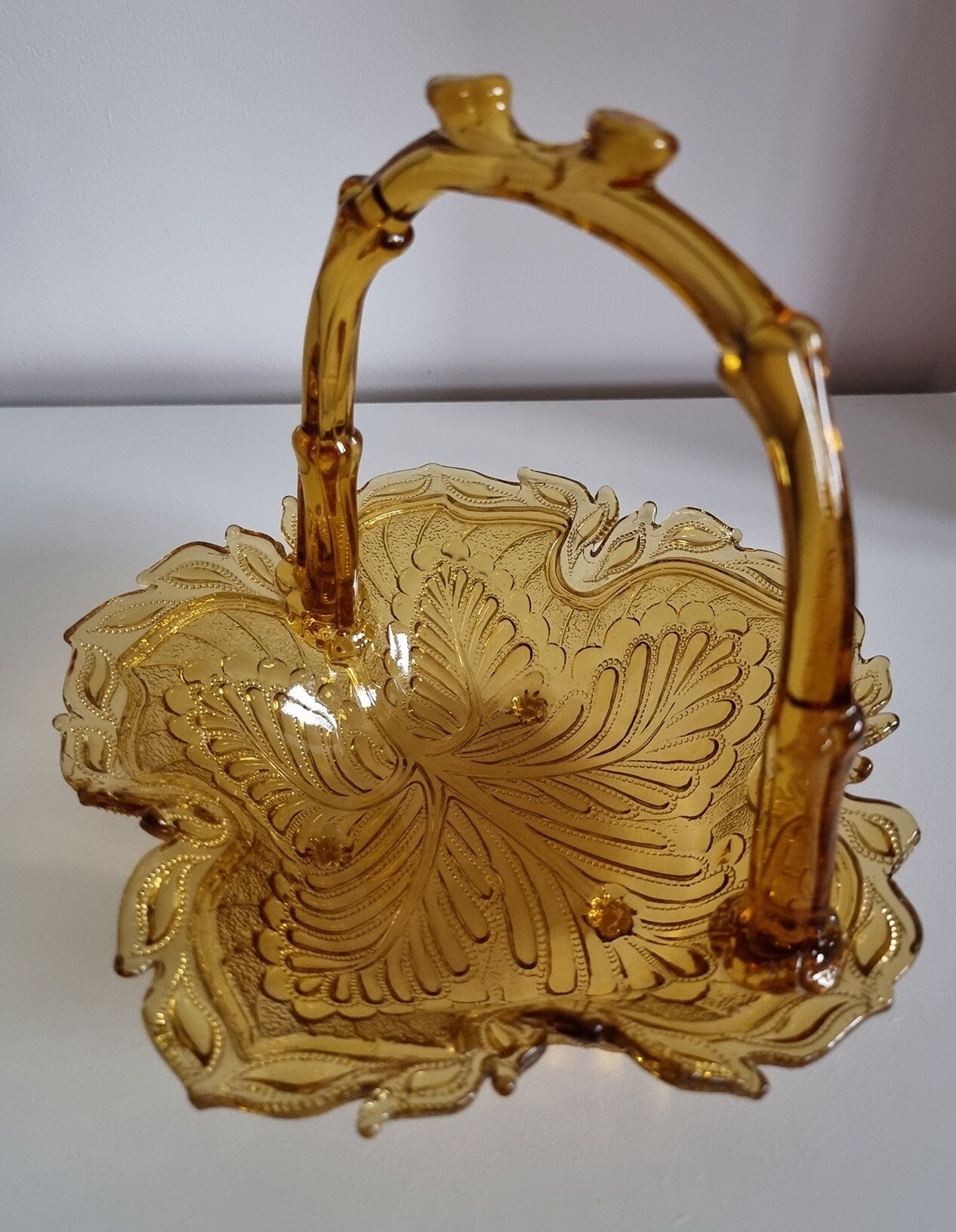 Vintage Amber Pressed Glass Basket