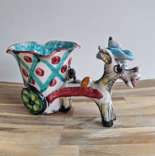 Vintage Italian Majolica Donkey & Cart Ceramic Planter