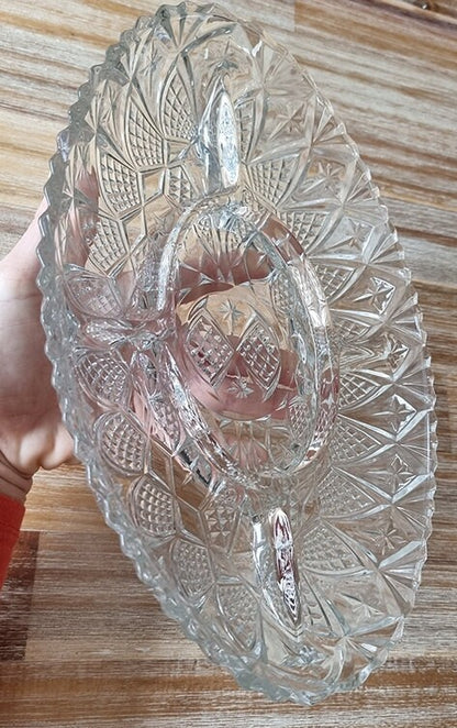 Mid Century French Lead Crystal Glass Divided Snack Server, Serving Plate/Dish