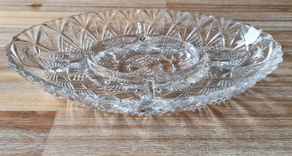 Mid Century French Lead Crystal Glass Divided Snack Server, Serving Plate/Dish