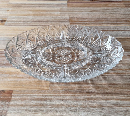 Mid Century French Lead Crystal Glass Divided Snack Server, Serving Plate/Dish