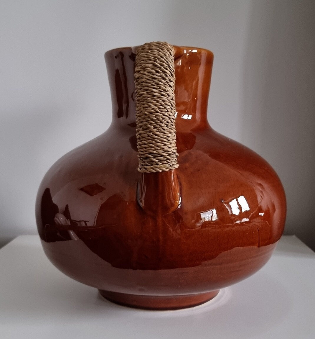 Large Vintage Wicker Wrapped Handle Ceramic Jug