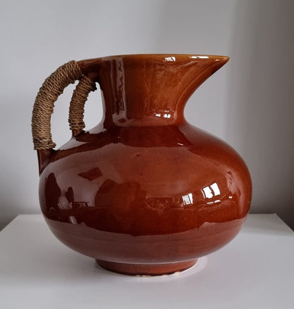 Large Vintage Wicker Wrapped Handle Ceramic Jug