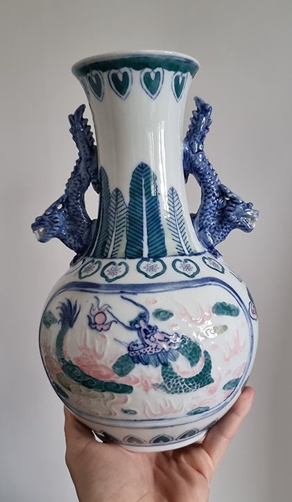 Vintage Chinese Porcelain Vase With Dragon Handles