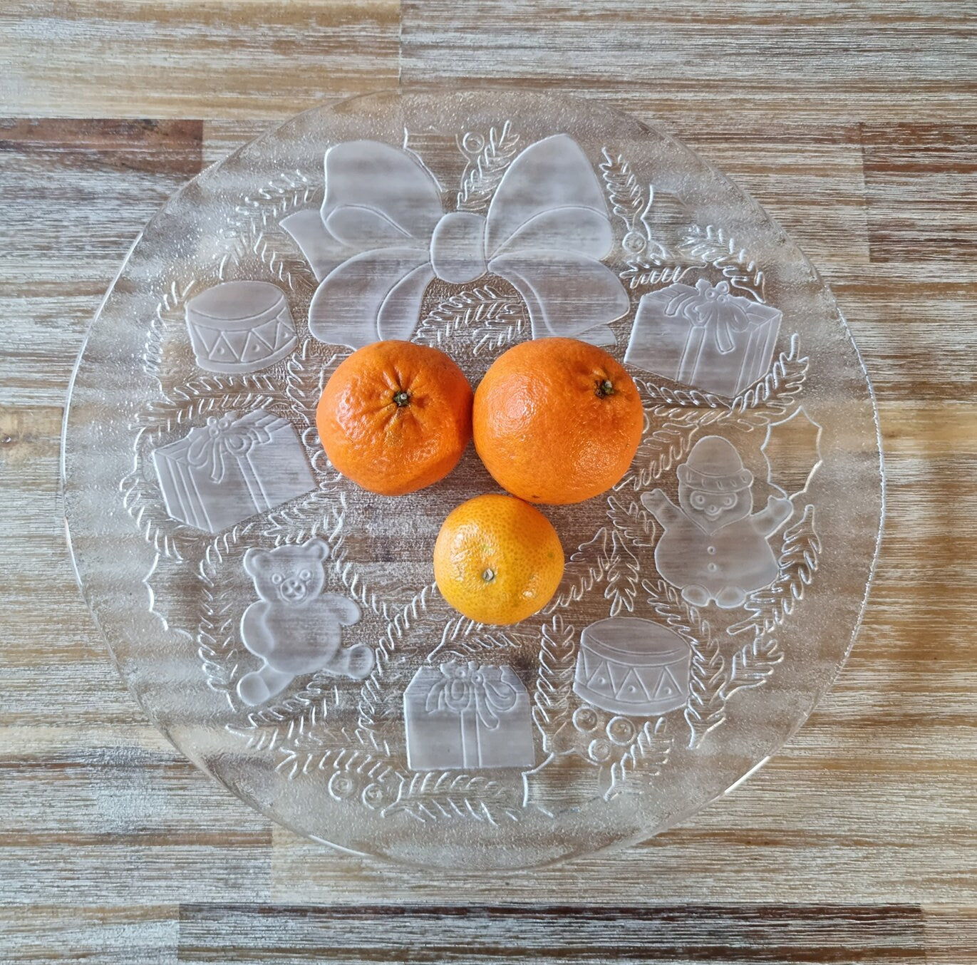 Vintage Glass Christmas Serving Plate With Toys Wreath