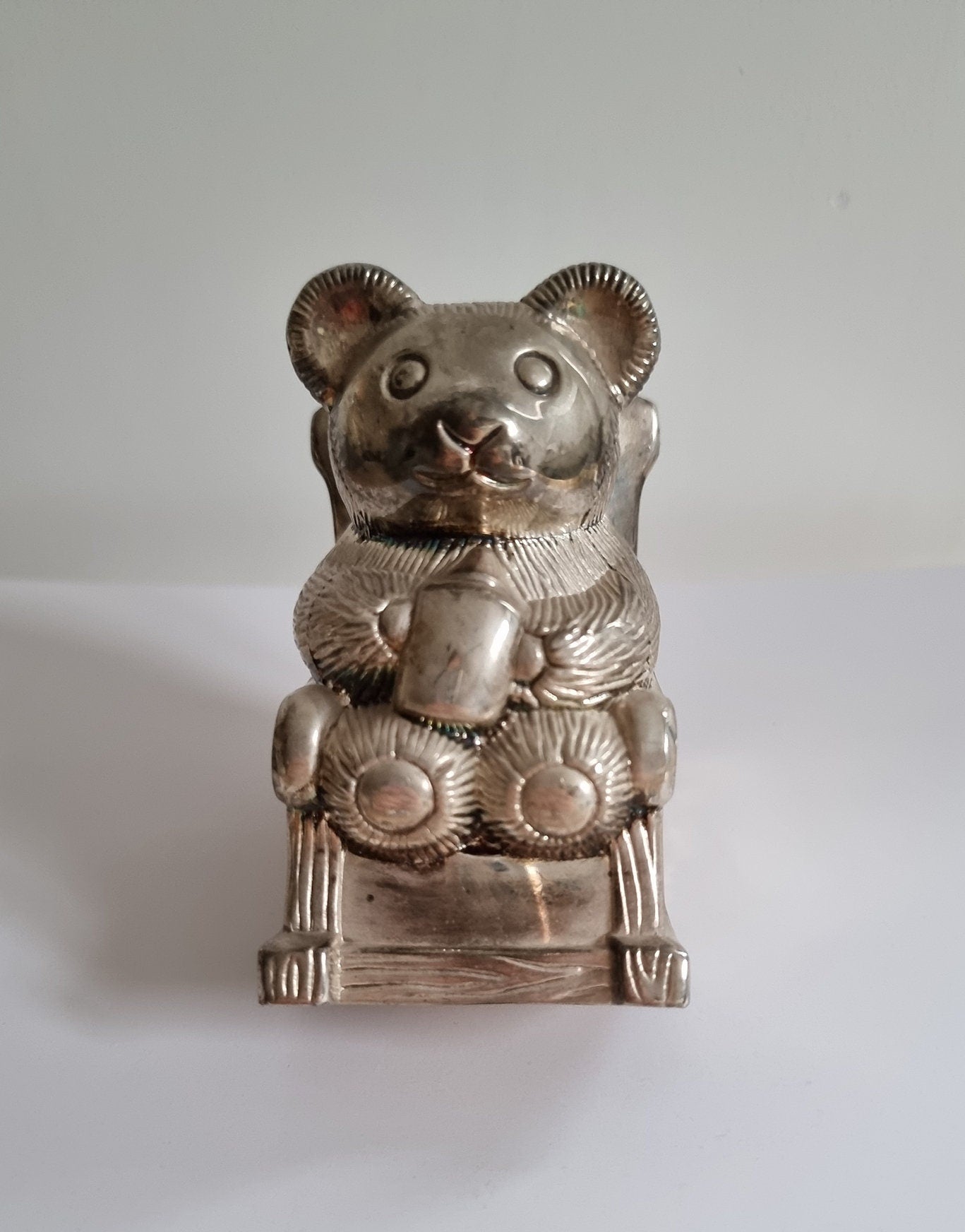 Vintage Silver Plated Teddy Bear In Rocking Chair Money Box/Piggy Bank