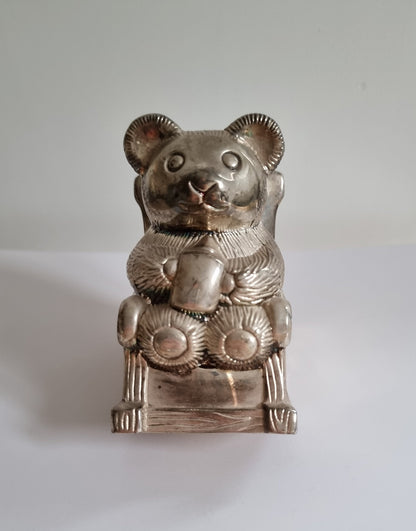 Vintage Silver Plated Teddy Bear In Rocking Chair Money Box/Piggy Bank