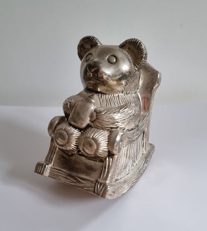 Vintage Silver Plated Teddy Bear In Rocking Chair Money Box/Piggy Bank