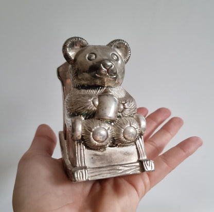 Vintage Silver Plated Teddy Bear In Rocking Chair Money Box/Piggy Bank