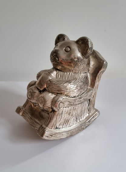 Vintage Silver Plated Teddy Bear In Rocking Chair Money Box/Piggy Bank