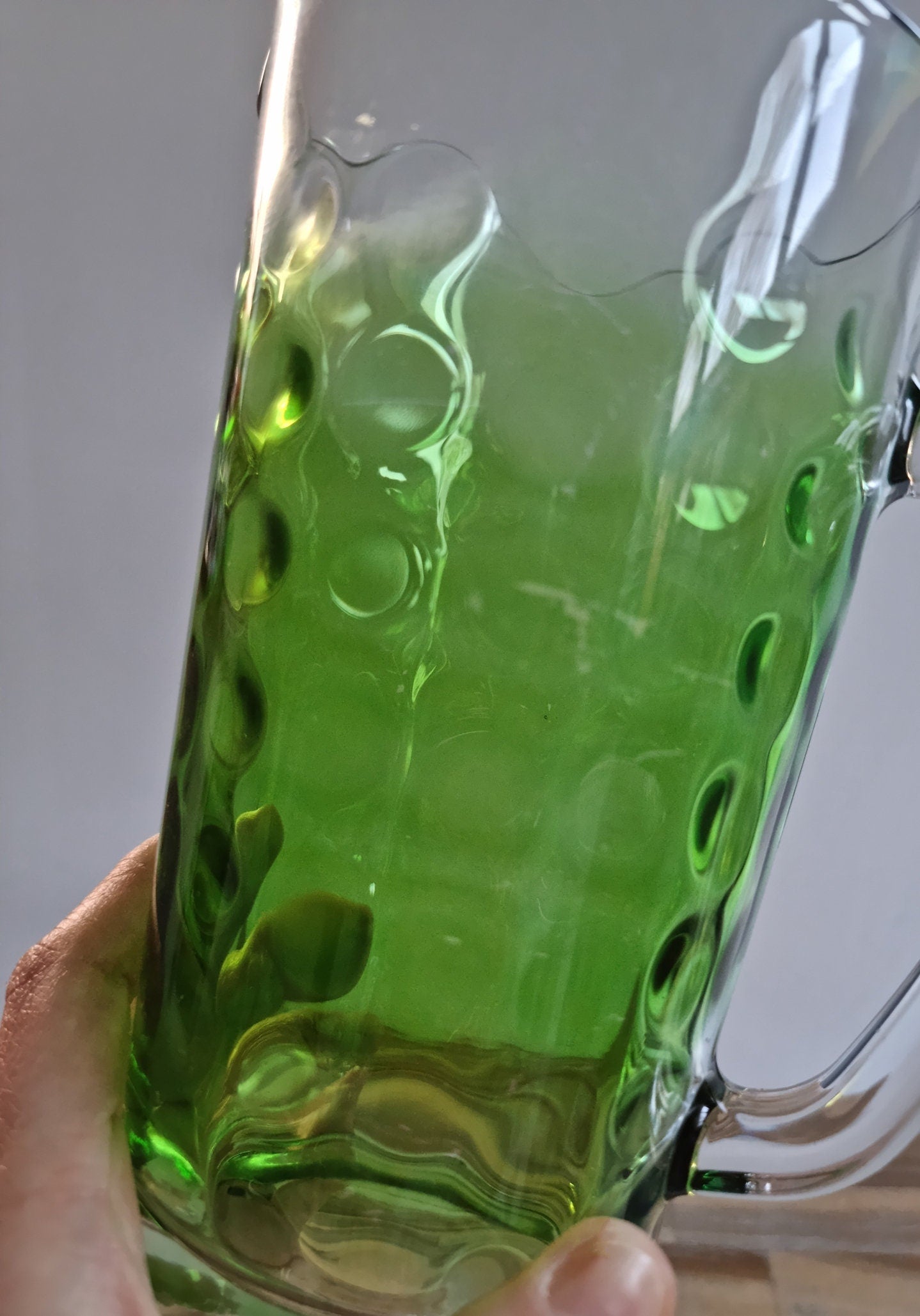 Retro Vintage Clear/Green Glass Jug In Polka Dot Design