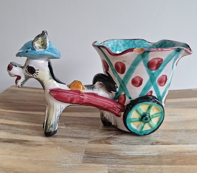 Vintage Italian Majolica Donkey & Cart Ceramic Planter