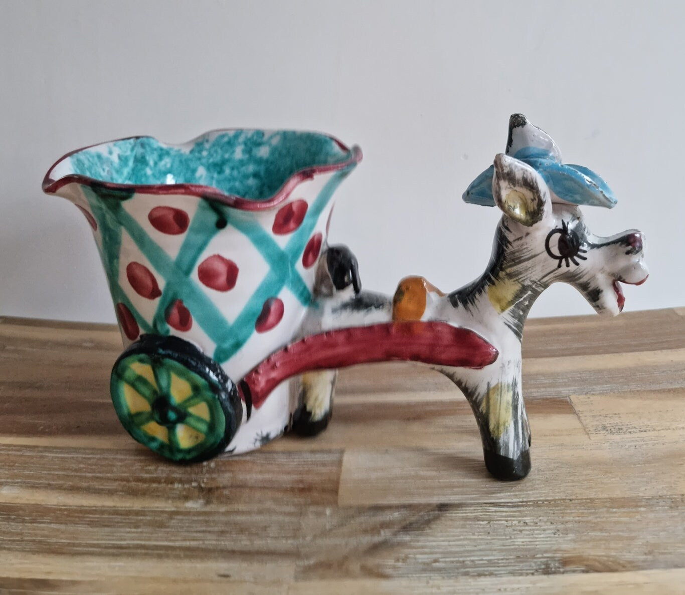 Vintage Italian Majolica Donkey & Cart Ceramic Planter