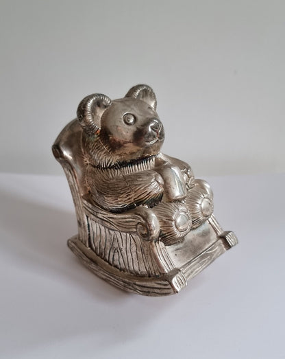 Vintage Silver Plated Teddy Bear In Rocking Chair Money Box/Piggy Bank