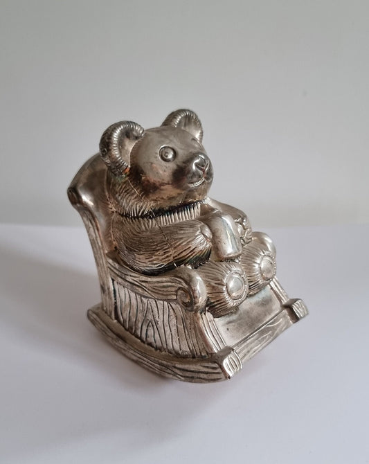 Vintage Silver Plated Teddy Bear In Rocking Chair Money Box/Piggy Bank