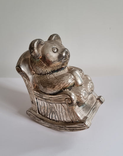 Vintage Silver Plated Teddy Bear In Rocking Chair Money Box/Piggy Bank