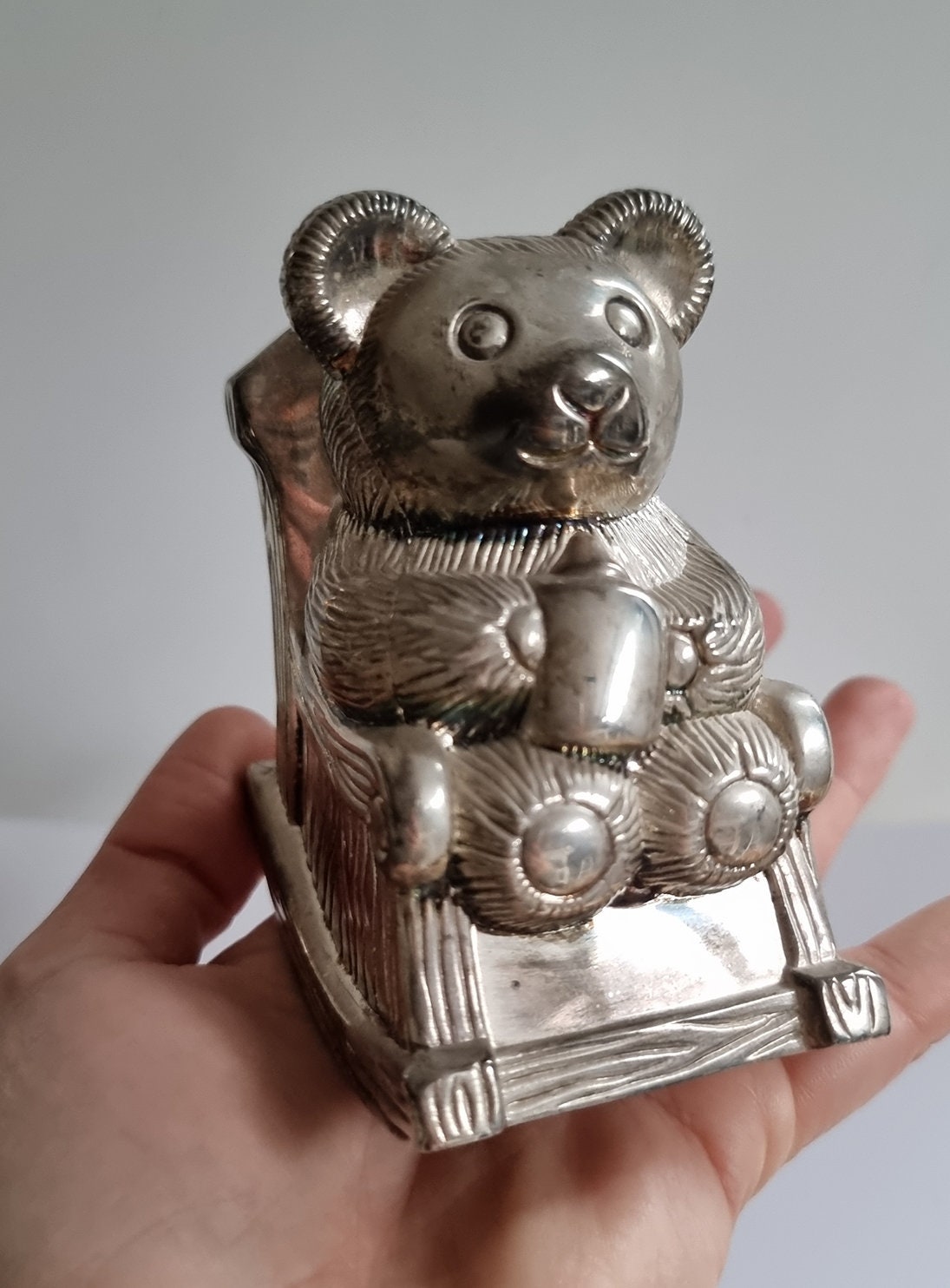 Vintage Silver Plated Teddy Bear In Rocking Chair Money Box/Piggy Bank