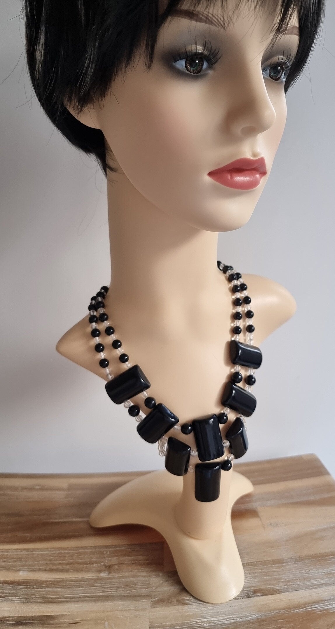 Retro Black/Clear Plastic Beads Statement Necklace