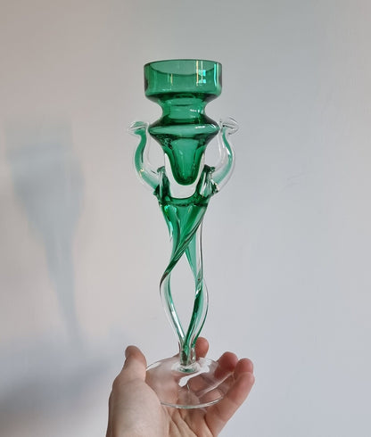 Vintage Jozefina Krosno Green/Clear Art Glass Candlestick/Tealight Holder