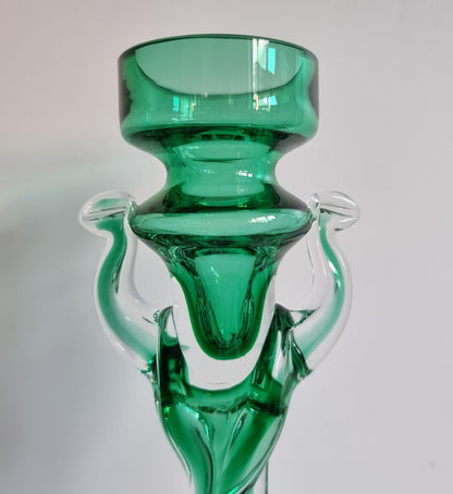 Vintage Jozefina Krosno Green/Clear Art Glass Candlestick/Tealight Holder