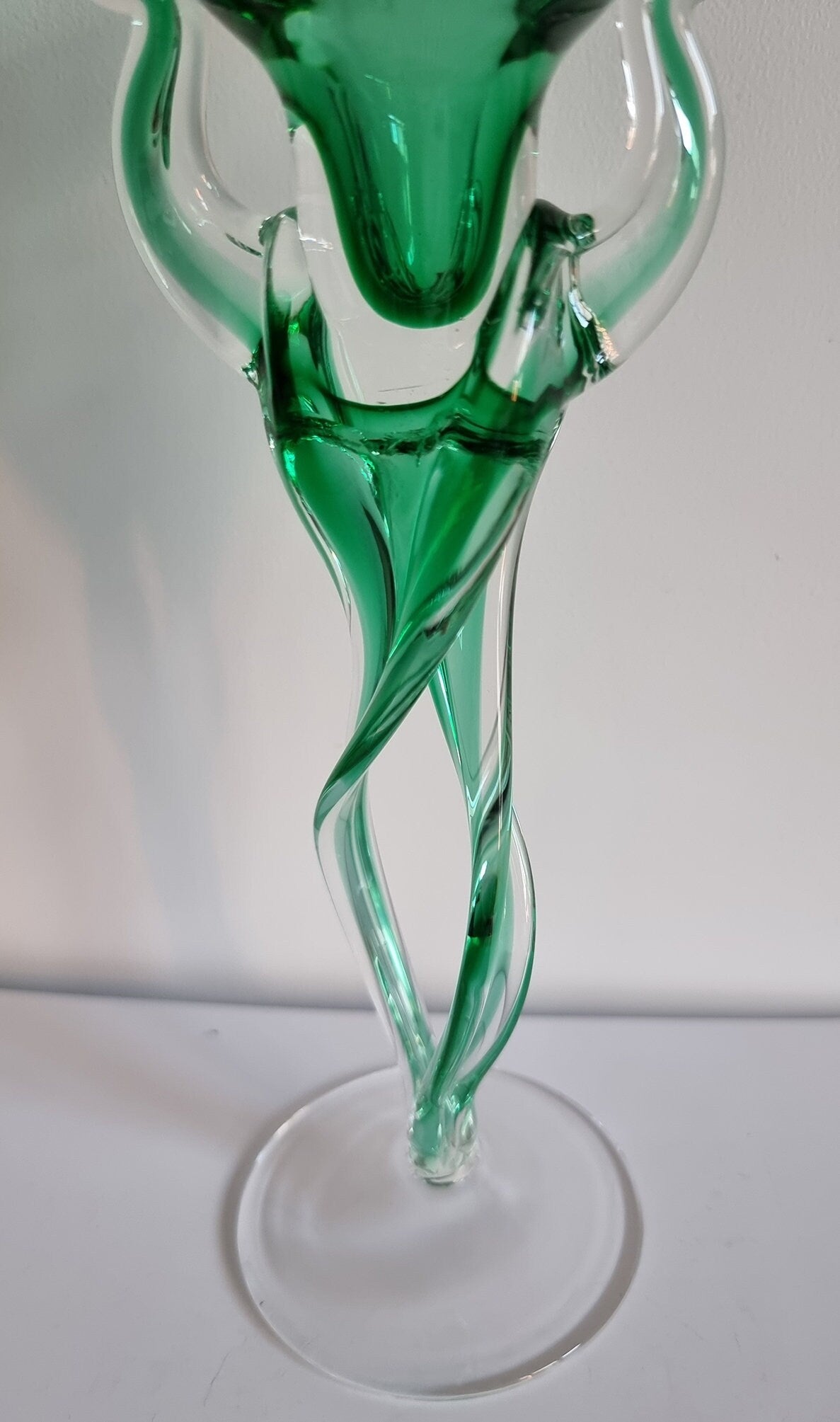 Vintage Jozefina Krosno Green/Clear Art Glass Candlestick/Tealight Holder