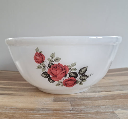 Vintage Phoenix Opalware Milk Glass Red Roses Pattern Mixing Bowl