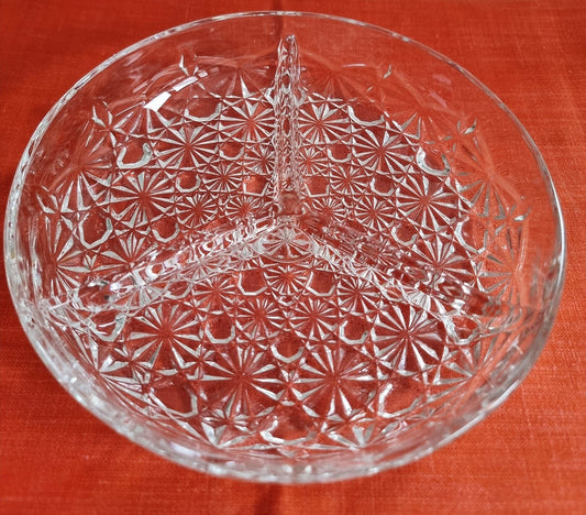 Mid-Century French Lead Crystal Glass Divided Snack Server, Serving Plate/Dish