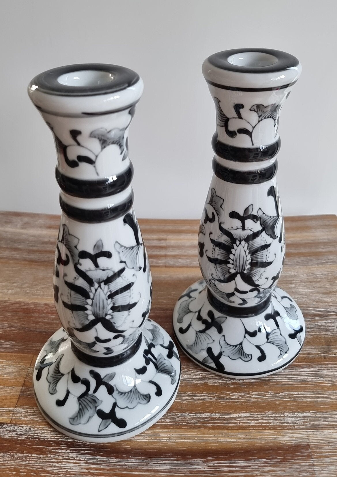 Vintage Pair Of Hand Painted Chinese Porcelain Candlestick Holders