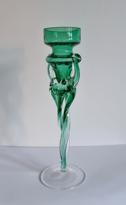 Vintage Jozefina Krosno Green/Clear Art Glass Candlestick/Tealight Holder